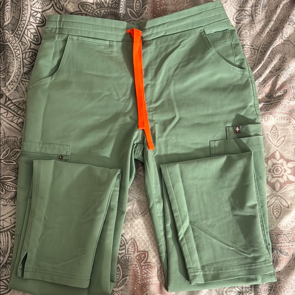 FIGS Straight Leg Scrub -Green Pants with Orange Accent